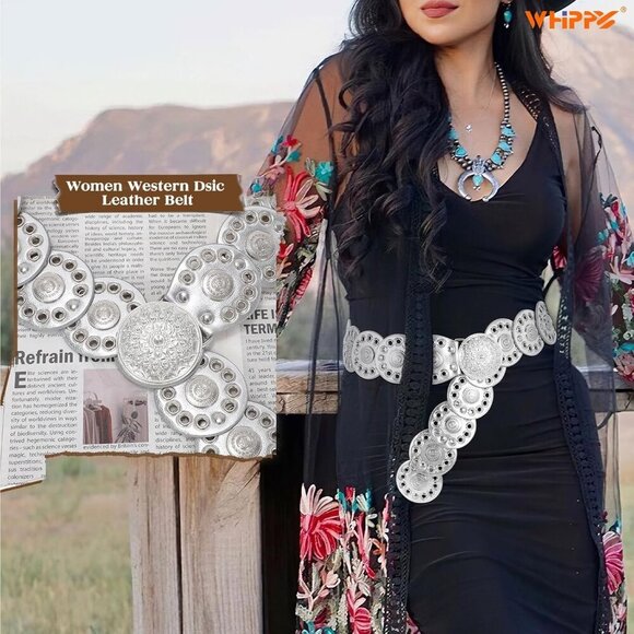 Women Vintage Disc Waist Concho Leather Belt Boho Waist Belt Silver Buckle main image 4